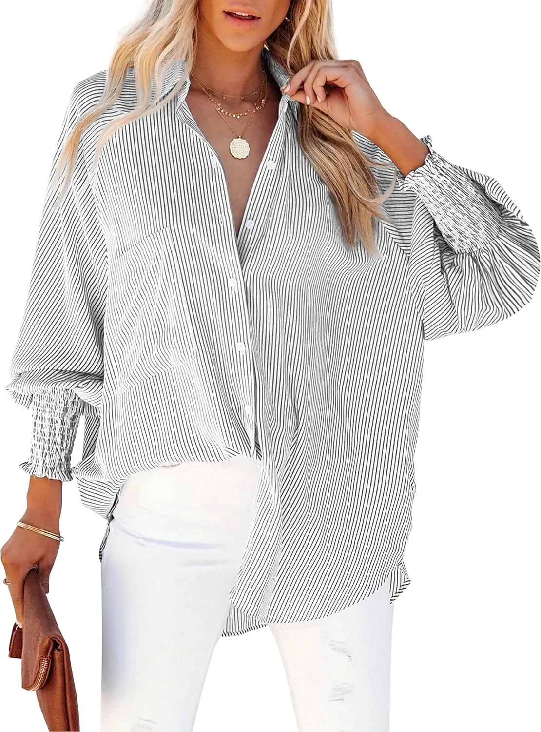 Women's Wrinkle-Resistant Smocked Cuffed Striped Button Shirt with Pocket Oversized Casual Boyfriend Blouse