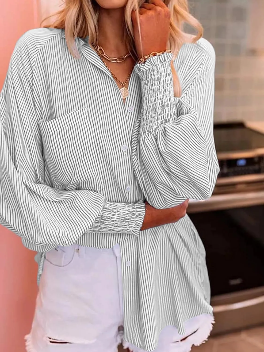Women's Wrinkle-Resistant Smocked Cuffed Striped Button Shirt with Pocket Oversized Casual Boyfriend Blouse