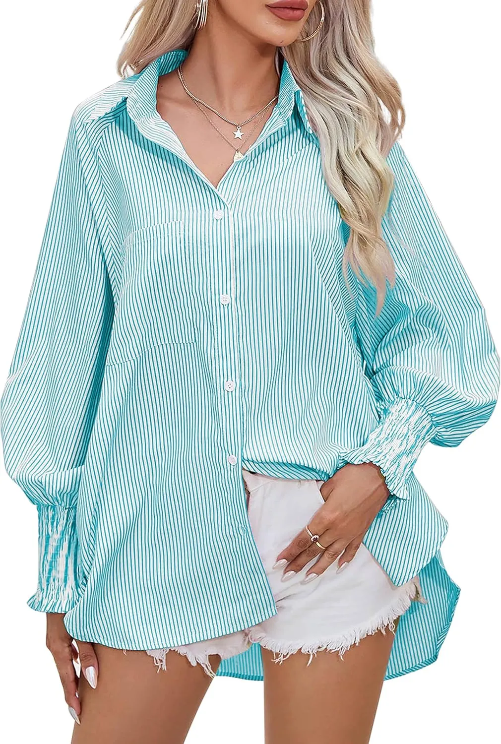 Women's Wrinkle-Resistant Smocked Cuffed Striped Button Shirt with Pocket Oversized Casual Boyfriend Blouse