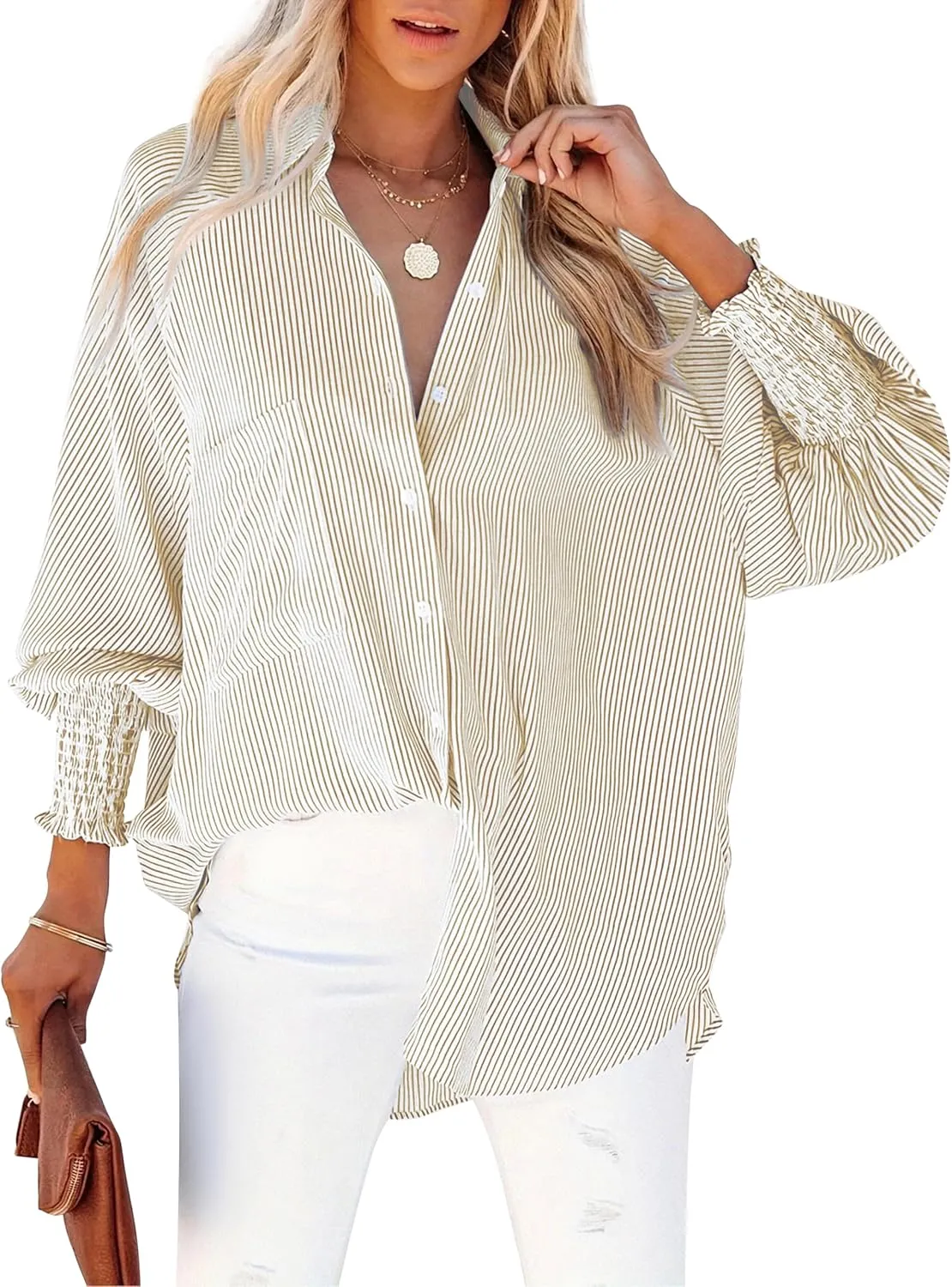 Women's Wrinkle-Resistant Smocked Cuffed Striped Button Shirt with Pocket Oversized Casual Boyfriend Blouse