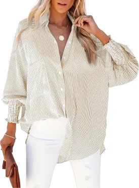 Women's Wrinkle-Resistant Smocked Cuffed Striped Button Shirt with Pocket Oversized Casual Boyfriend Blouse