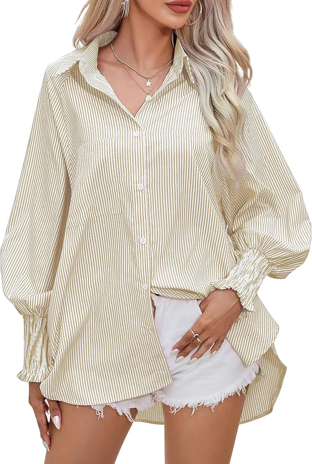 Women's Wrinkle-Resistant Smocked Cuffed Striped Button Shirt with Pocket Oversized Casual Boyfriend Blouse