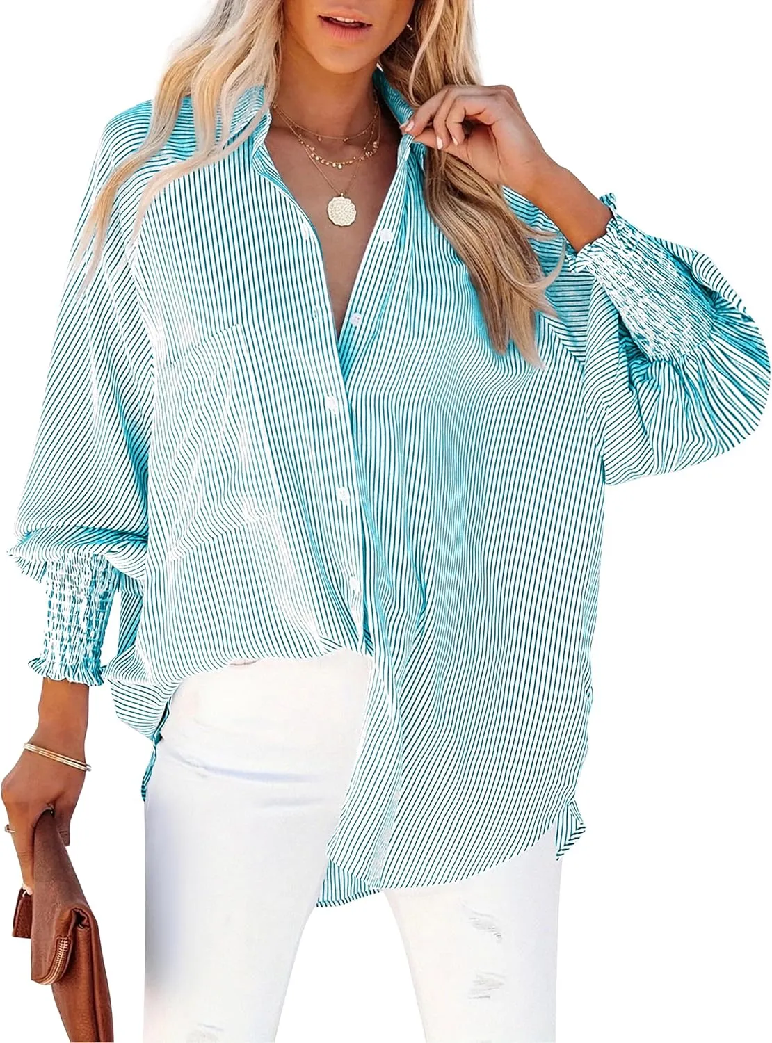 Women's Wrinkle-Resistant Smocked Cuffed Striped Button Shirt with Pocket Oversized Casual Boyfriend Blouse