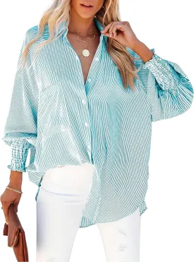 Women's Wrinkle-Resistant Smocked Cuffed Striped Button Shirt with Pocket Oversized Casual Boyfriend Blouse