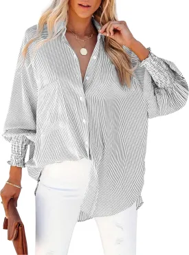 Women's Wrinkle-Resistant Smocked Cuffed Striped Button Shirt with Pocket Oversized Casual Boyfriend Blouse