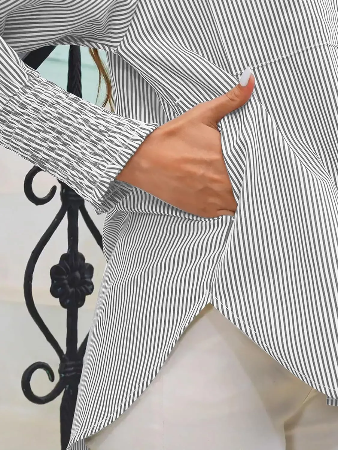Women's Wrinkle-Resistant Smocked Cuffed Striped Button Shirt with Pocket Oversized Casual Boyfriend Blouse