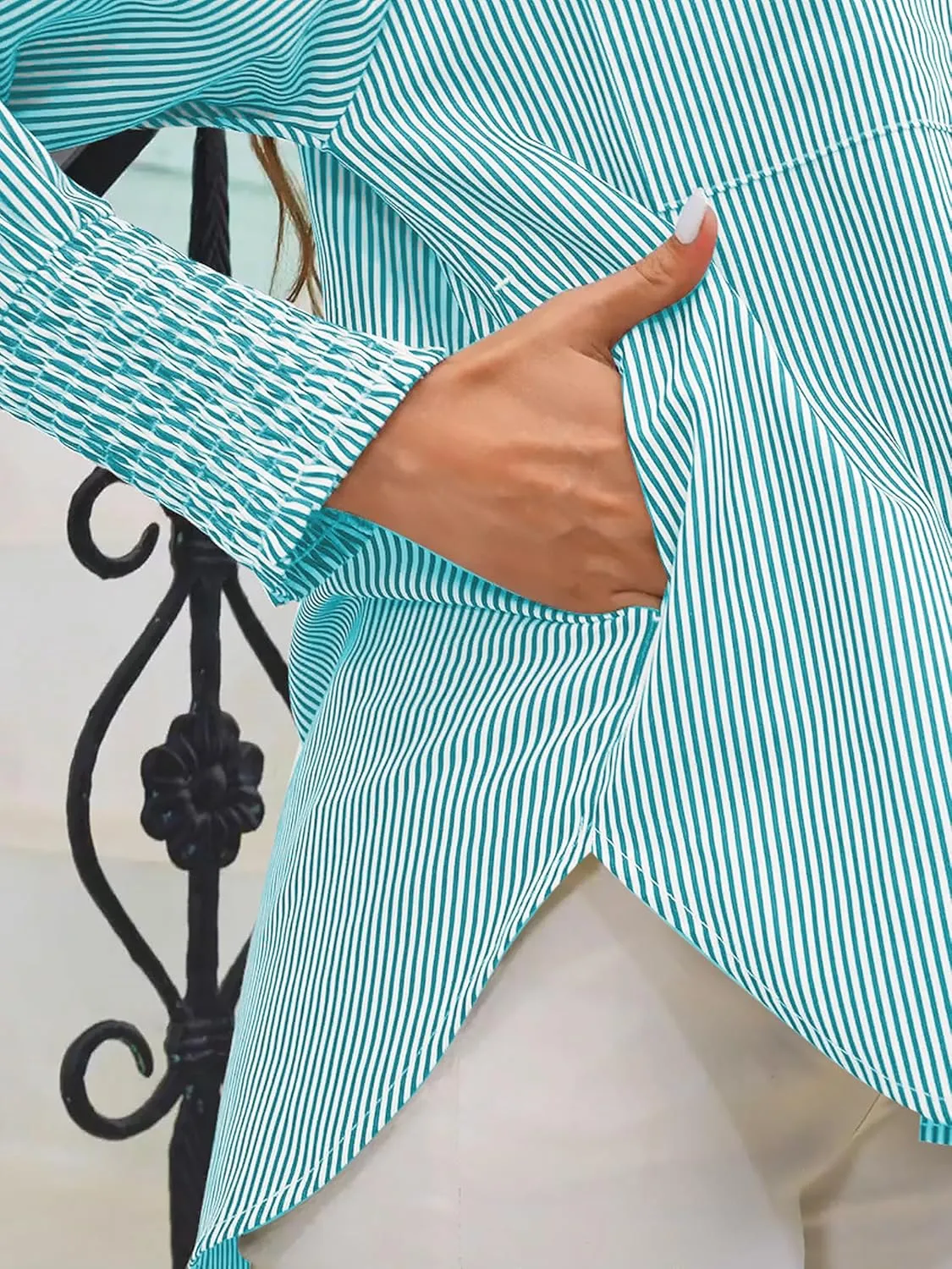 Women's Wrinkle-Resistant Smocked Cuffed Striped Button Shirt with Pocket Oversized Casual Boyfriend Blouse