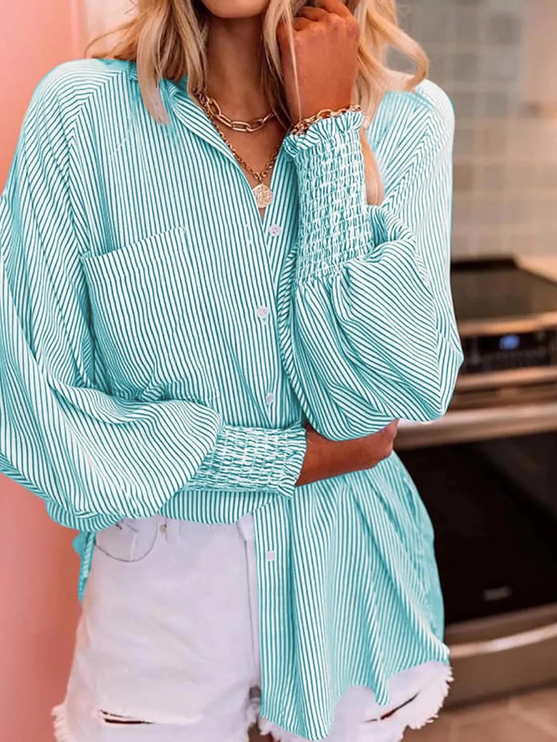 Women's Wrinkle-Resistant Smocked Cuffed Striped Button Shirt with Pocket Oversized Casual Boyfriend Blouse