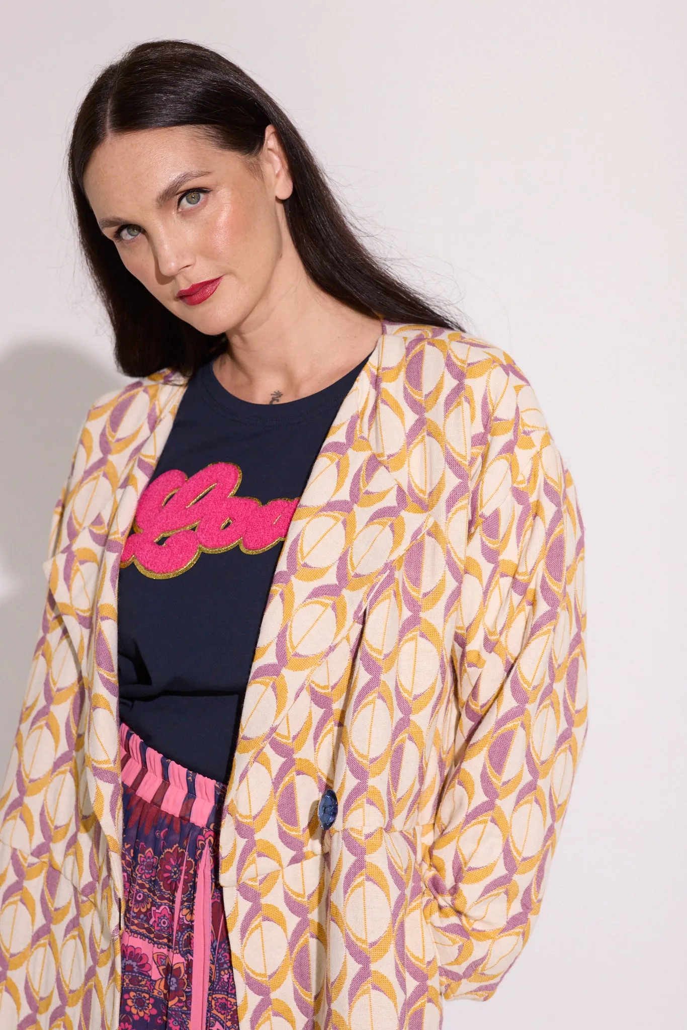 WORLD 5591 Pharaoh Coat Cream Magenta Orange Geometric