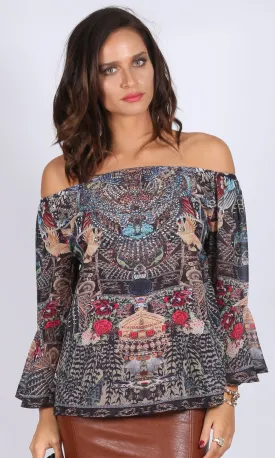 XW16056-3SS Off Shoulder Phoenix Boho Print Top (Pack)