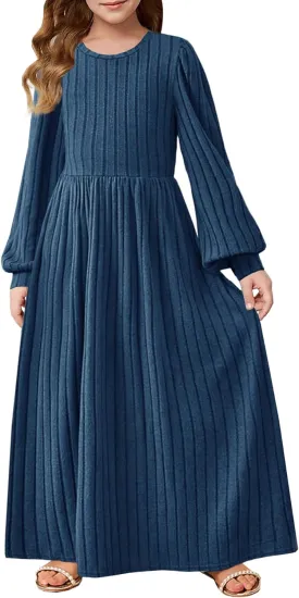 YOVION Girls Sweater Dress Fall Winter Lantern Long Sleeve Crew Neck Casual Flowy Knit Maxi Dresses with Pockets for 6-12 Y