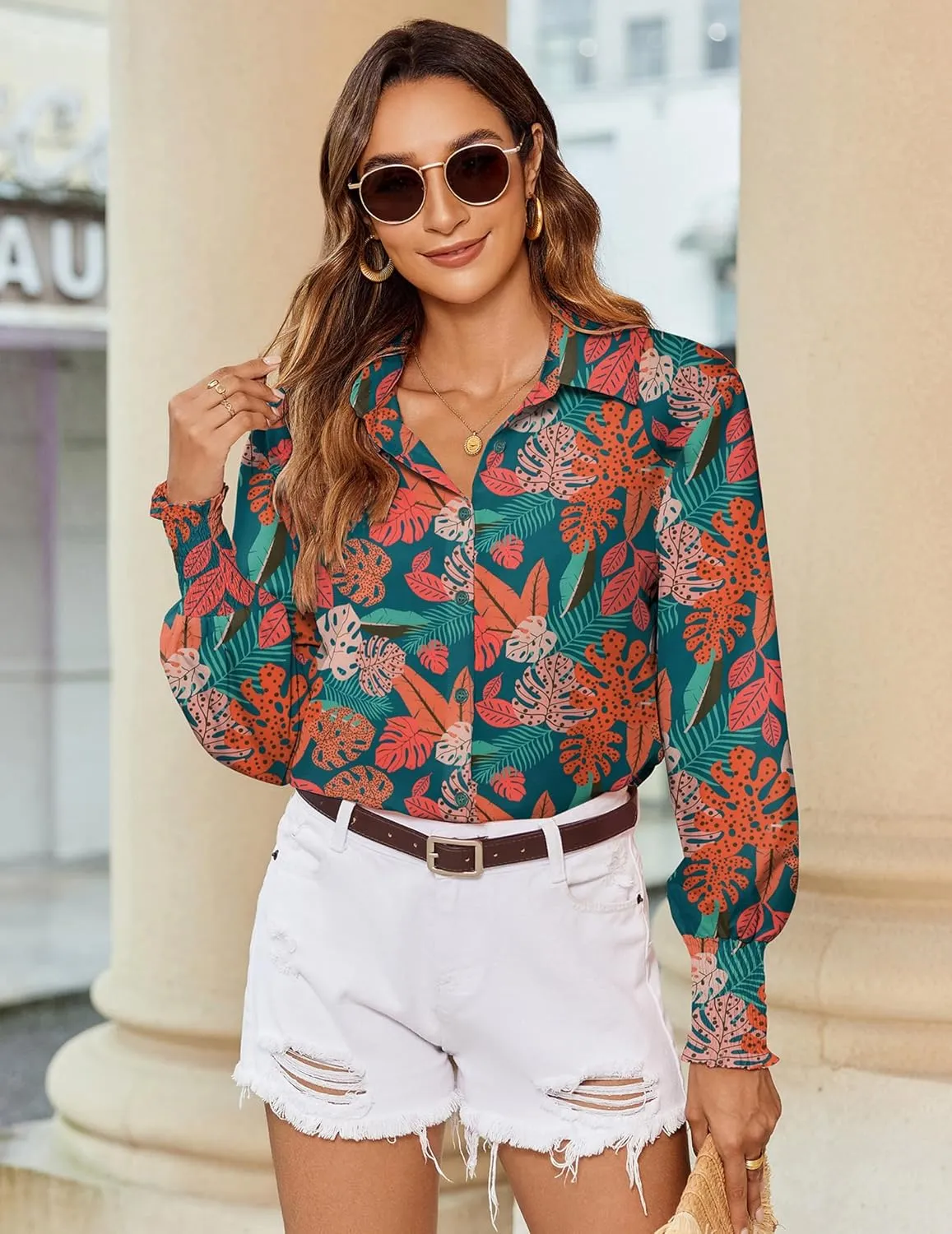 Zeagoo Womens Button Down Shirts Loose Fit Striped Printed Lantern Long Sleeve Blouses Smocked Cuff Business Work Fall Tops