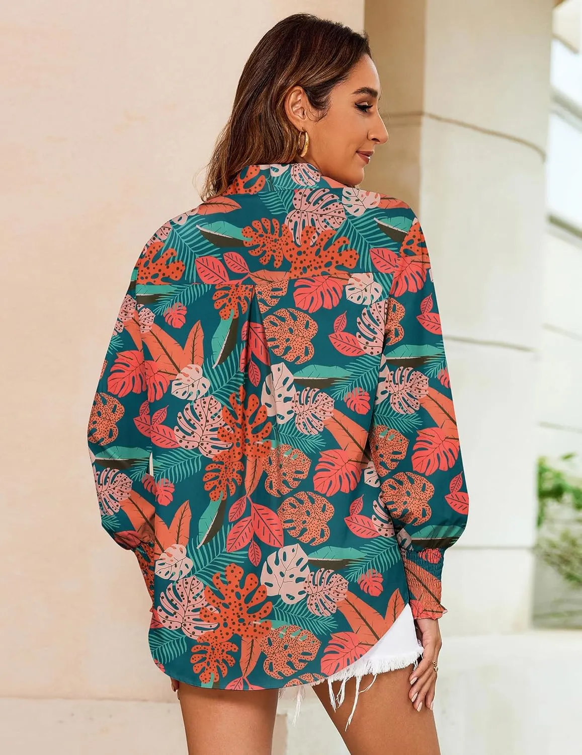 Zeagoo Womens Button Down Shirts Loose Fit Striped Printed Lantern Long Sleeve Blouses Smocked Cuff Business Work Fall Tops
