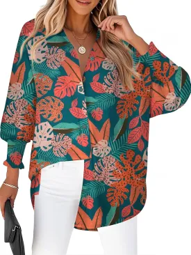 Zeagoo Womens Button Down Shirts Loose Fit Striped Printed Lantern Long Sleeve Blouses Smocked Cuff Business Work Fall Tops