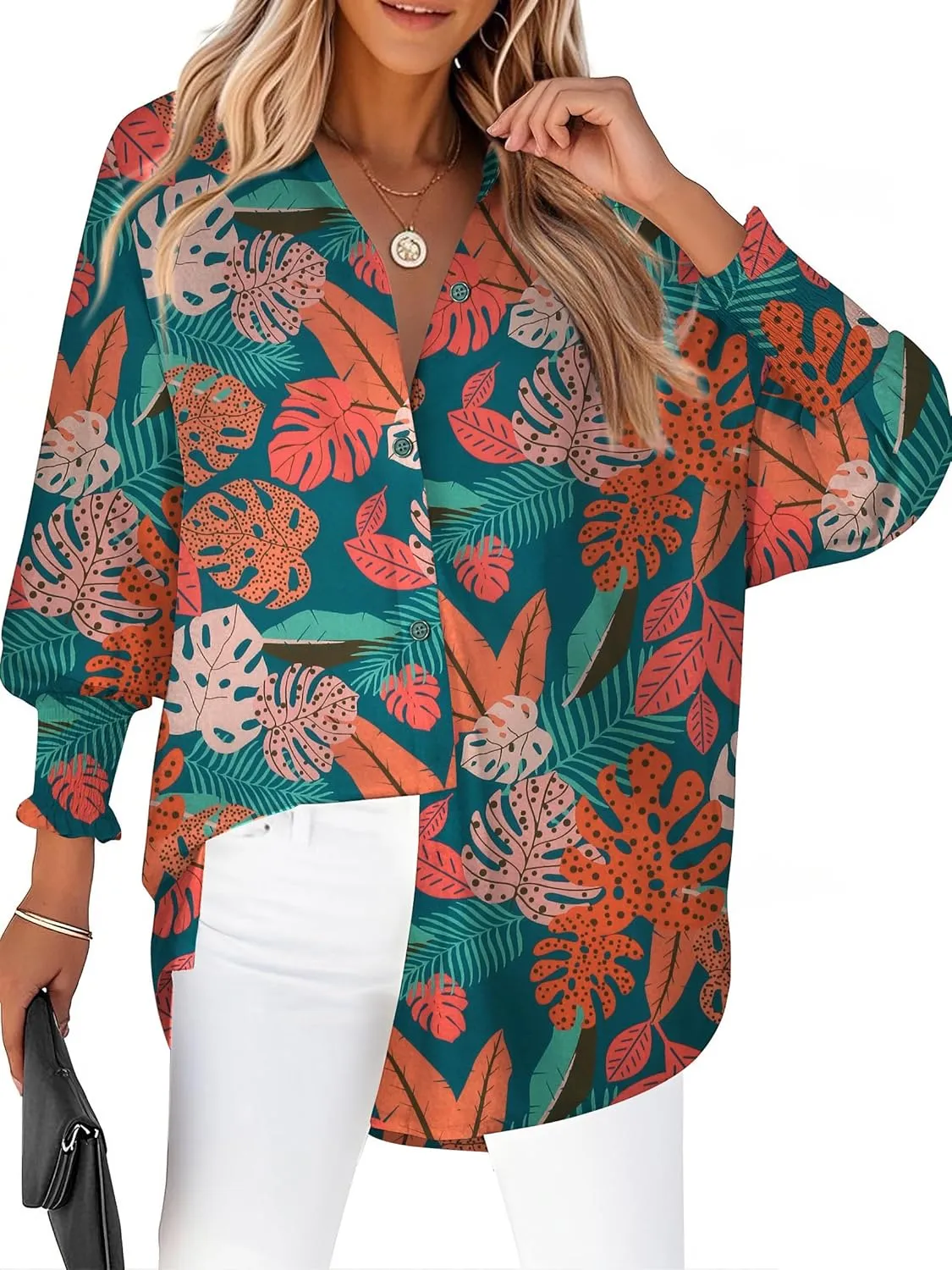 Zeagoo Womens Button Down Shirts Loose Fit Striped Printed Lantern Long Sleeve Blouses Smocked Cuff Business Work Fall Tops